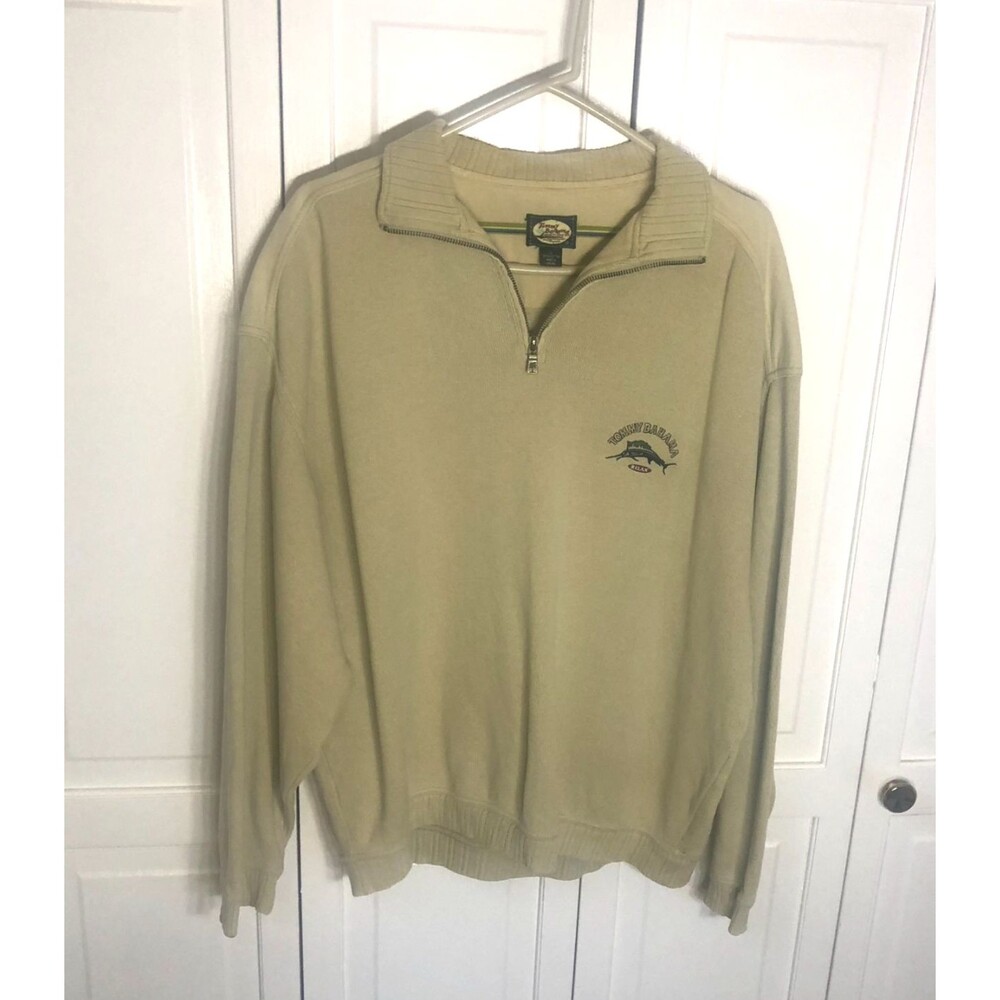Tommy Bahama 1/4 Quarter Zip Sweater Men's Size L Large Khaki Tan Cotton Marlin